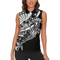 Black White Marquesas Islands Women Sleeveless Polo Shirt Marquesan Matatiki Hammerhead Shark Patutiki - Polynesian Pride