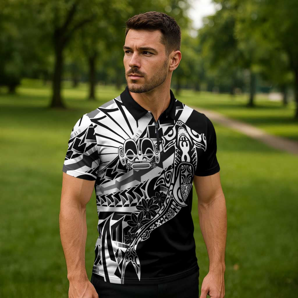 Black White Marquesas Islands Zipper Polo Shirt Marquesan Matatiki Hammerhead Shark Patutiki - Polynesian Pride