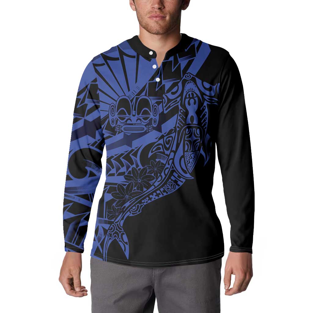 Blue Marquesas Islands Button Sweatshirt Marquesan Matatiki Hammerhead Shark Patutiki - Polynesian Pride