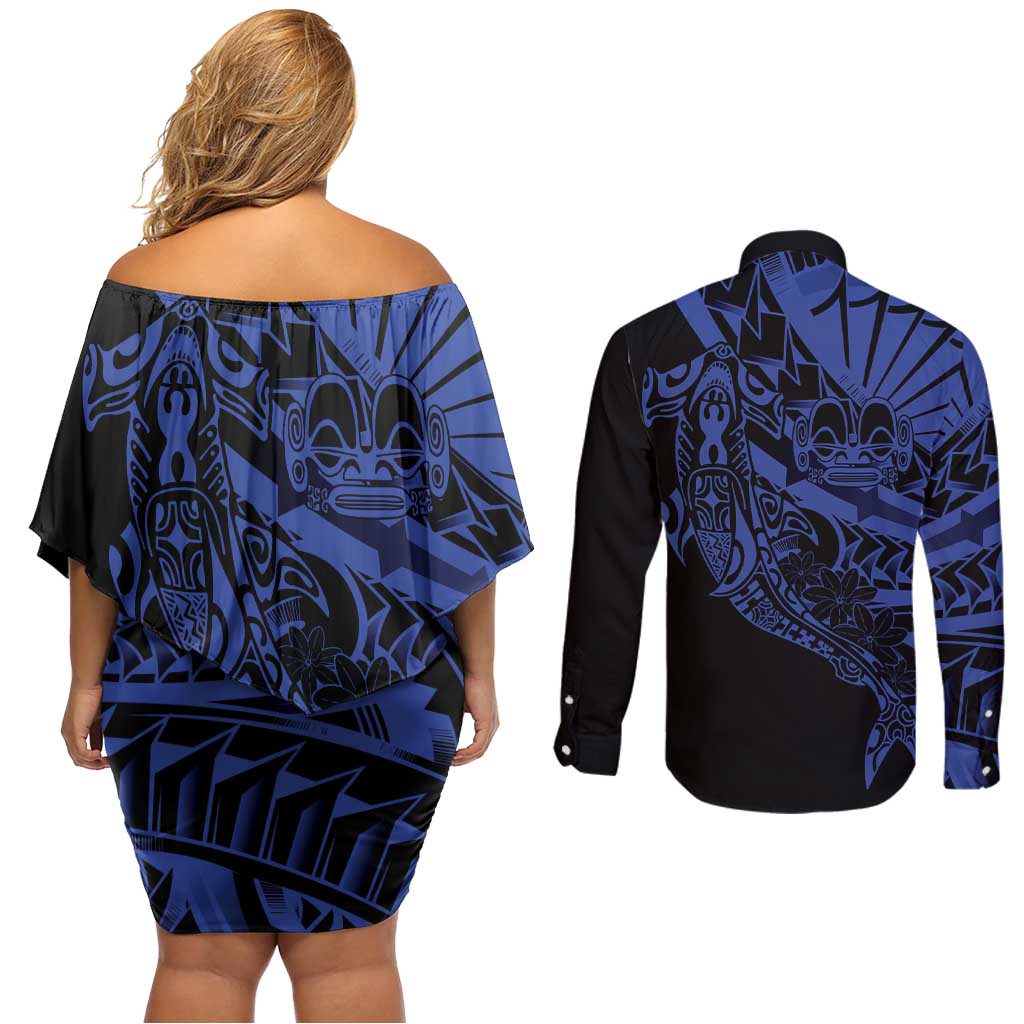 Blue Marquesas Islands Couples Matching Off Shoulder Short Dress and Long Sleeve Button Shirt Marquesan Matatiki Hammerhead Shark Patutiki - Polynesian Pride