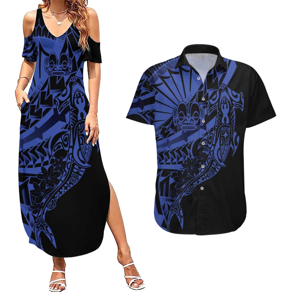 Blue Marquesas Islands Couples Matching Summer Maxi Dress and Hawaiian Shirt Marquesan Matatiki Hammerhead Shark Patutiki - Polynesian Pride