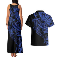 Blue Marquesas Islands Couples Matching Tank Maxi Dress and Hawaiian Shirt Marquesan Matatiki Hammerhead Shark Patutiki - Polynesian Pride