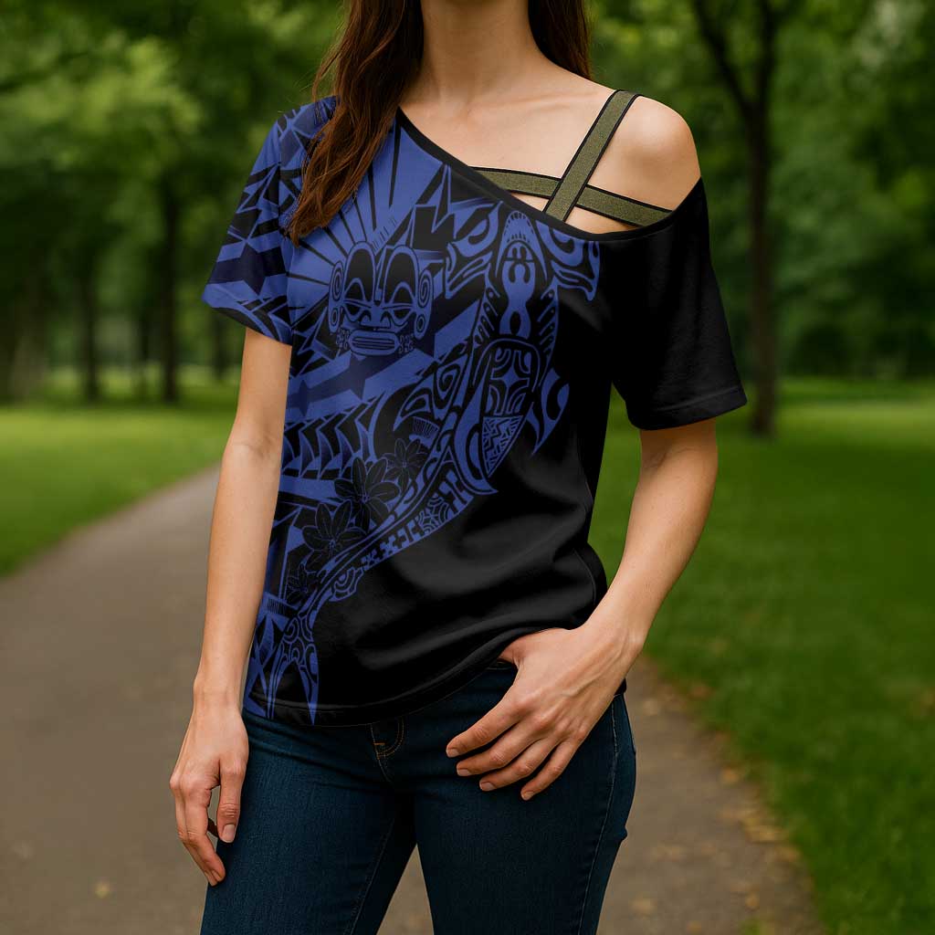 Blue Marquesas Islands Cross Shoulder Shirt Marquesan Matatiki Hammerhead Shark Patutiki - Polynesian Pride