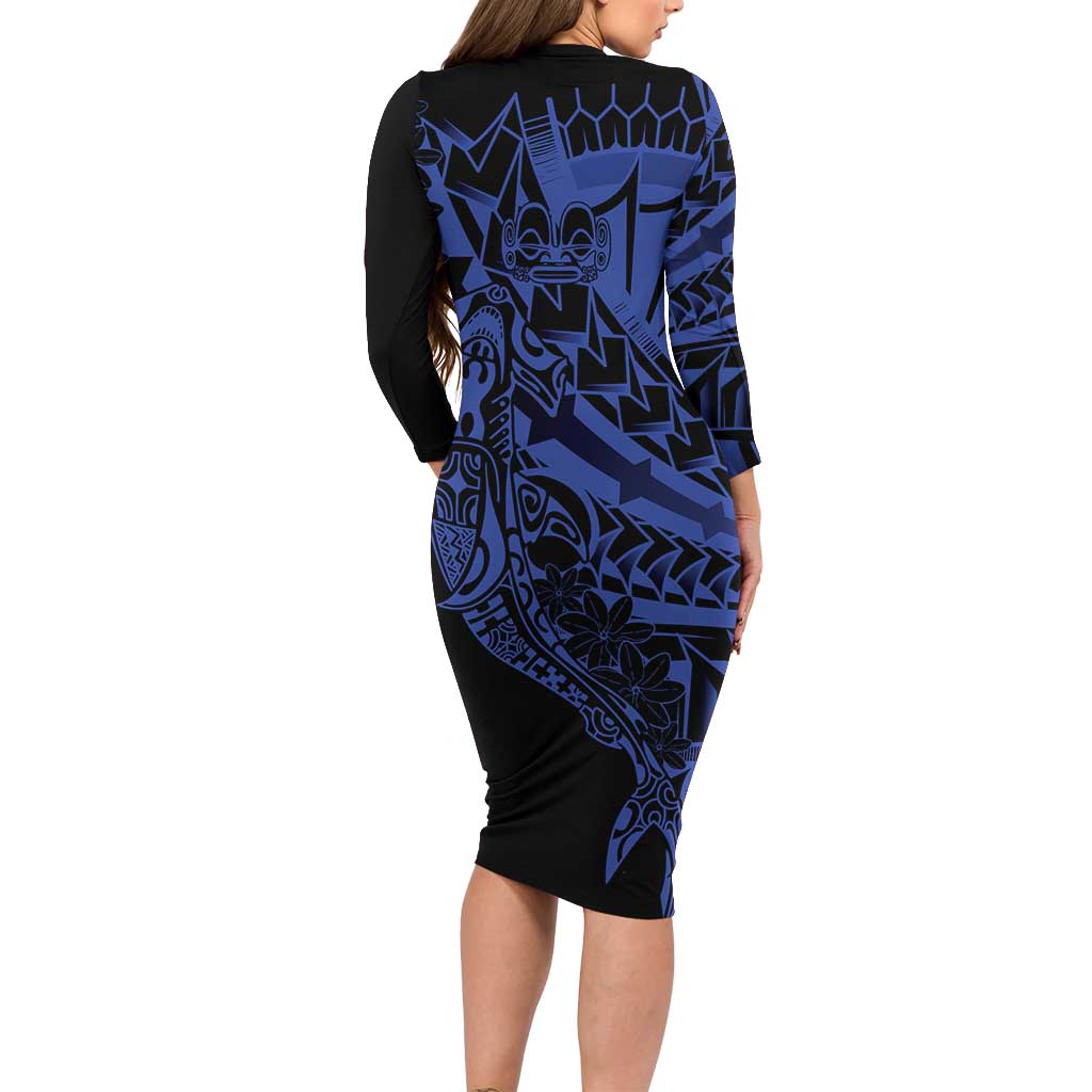 Blue Marquesas Islands Family Matching Long Sleeve Bodycon Dress and Hawaiian Shirt Marquesan Matatiki Hammerhead Shark Patutiki - Polynesian Pride