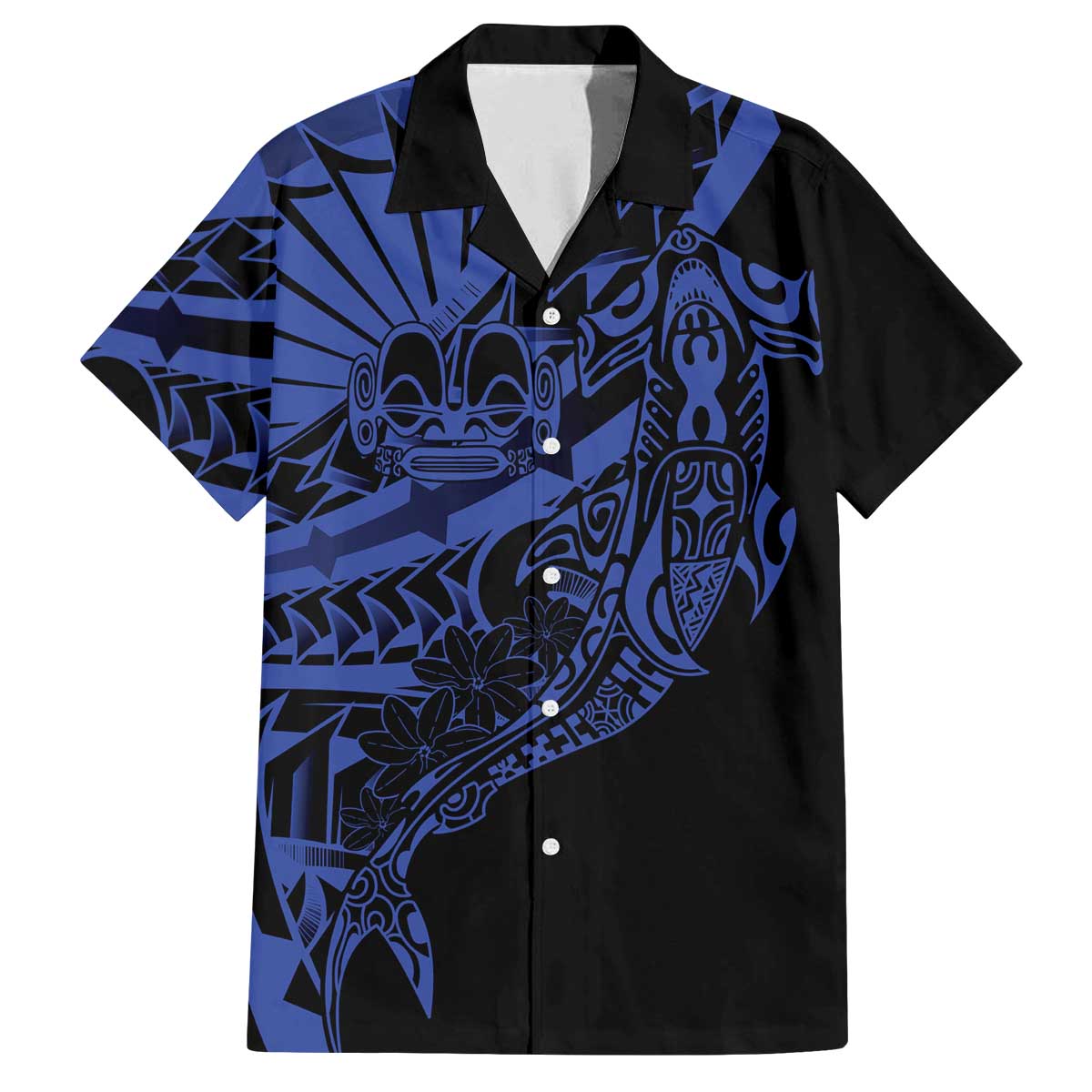 Blue Marquesas Islands Family Matching Off The Shoulder Long Sleeve Dress and Hawaiian Shirt Marquesan Matatiki Hammerhead Shark Patutiki - Polynesian Pride