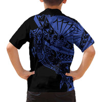 Blue Marquesas Islands Family Matching Off Shoulder Short Dress and Hawaiian Shirt Marquesan Matatiki Hammerhead Shark Patutiki - Polynesian Pride