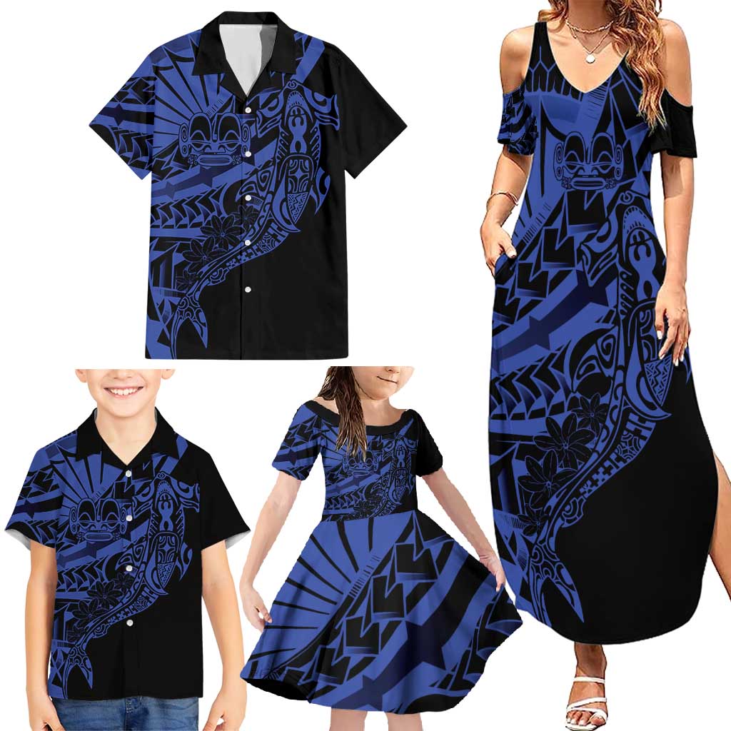 Blue Marquesas Islands Family Matching Summer Maxi Dress and Hawaiian Shirt Marquesan Matatiki Hammerhead Shark Patutiki - Polynesian Pride
