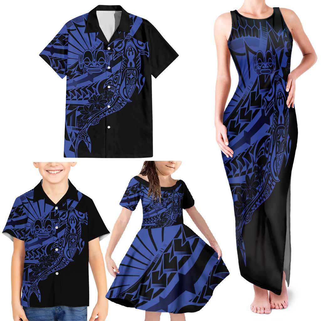 Blue Marquesas Islands Family Matching Tank Maxi Dress and Hawaiian Shirt Marquesan Matatiki Hammerhead Shark Patutiki - Polynesian Pride