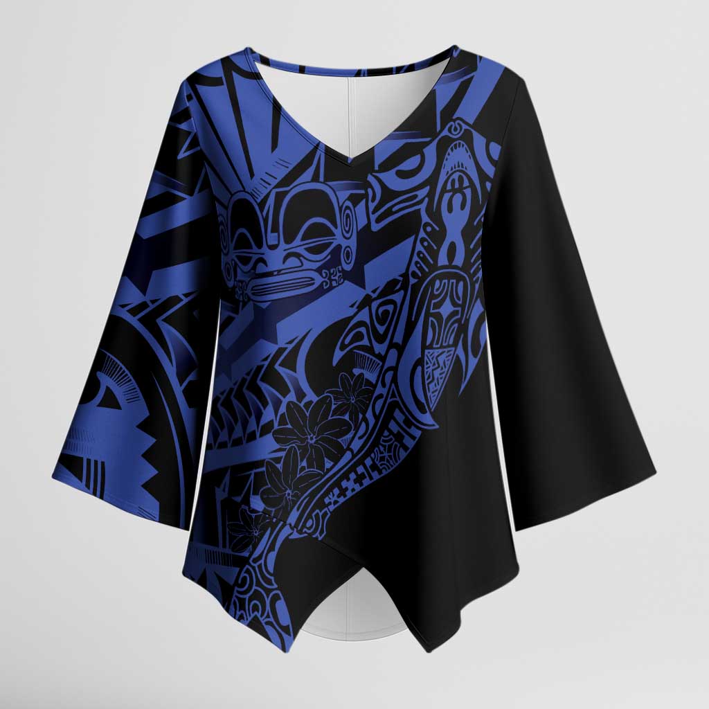 Blue Marquesas Islands Kimono Sleeve Blouse Marquesan Matatiki Hammerhead Shark Patutiki - Polynesian Pride