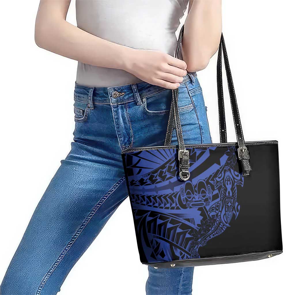 Blue Marquesas Islands Leather Tote Bag Marquesan Matatiki Hammerhead Shark Patutiki - Polynesian Pride
