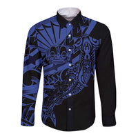 Blue Marquesas Islands Long Sleeve Button Shirt Marquesan Matatiki Hammerhead Shark Patutiki - Polynesian Pride