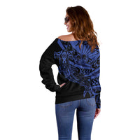 Blue Marquesas Islands Off Shoulder Sweater Marquesan Matatiki Hammerhead Shark Patutiki - Polynesian Pride