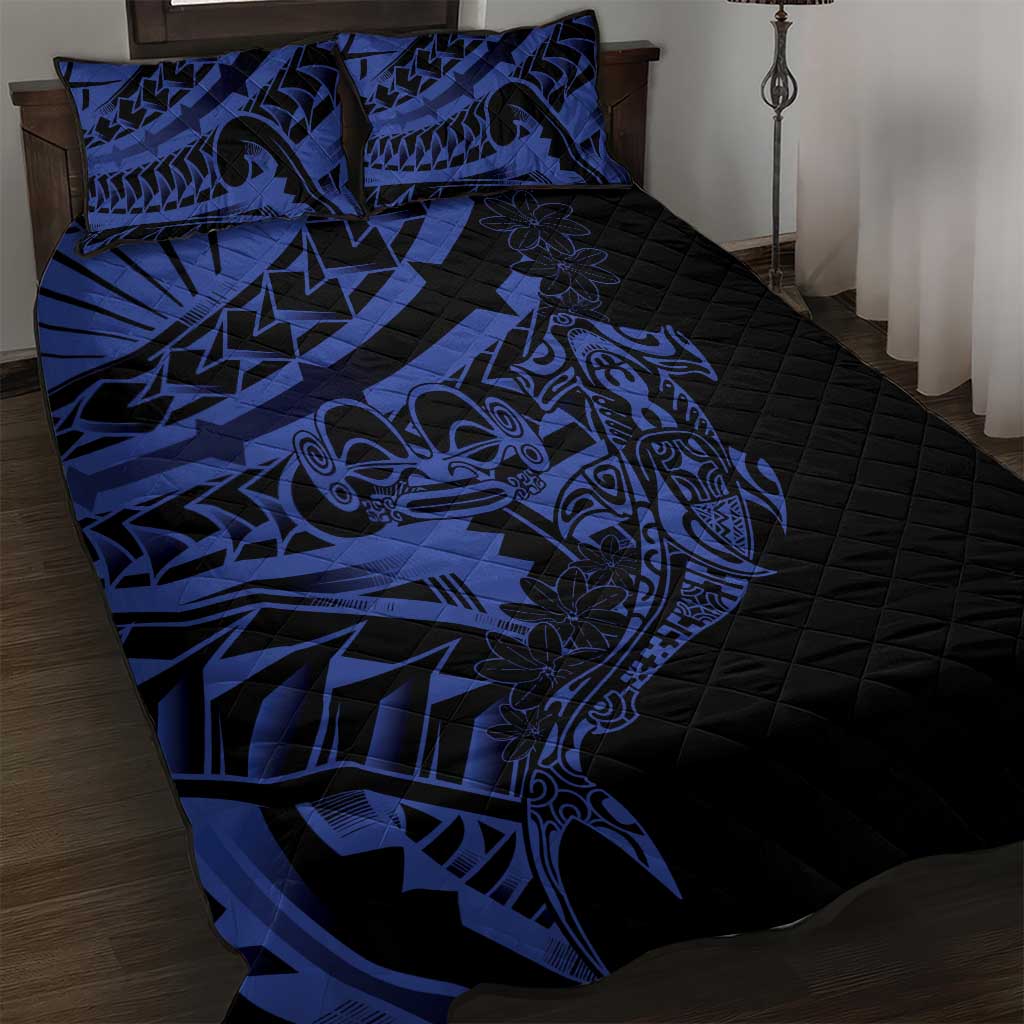 Blue Marquesas Islands Quilt Bed Set Marquesan Matatiki Hammerhead Shark Patutiki - Polynesian Pride