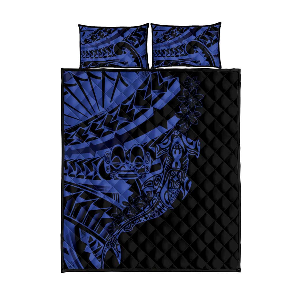 Blue Marquesas Islands Quilt Bed Set Marquesan Matatiki Hammerhead Shark Patutiki - Polynesian Pride