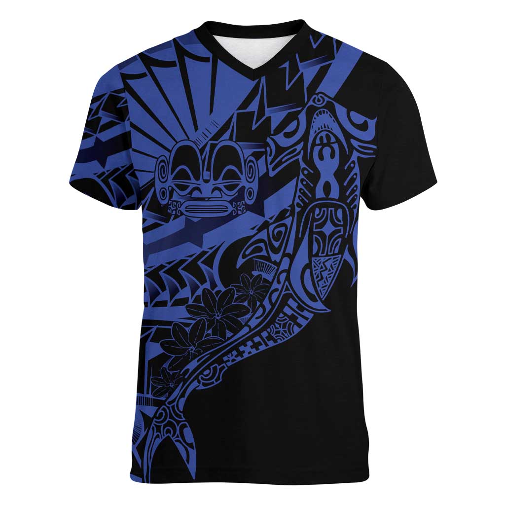 Blue Marquesas Islands Women V-Neck T-Shirt Marquesan Matatiki Hammerhead Shark Patutiki - Polynesian Pride