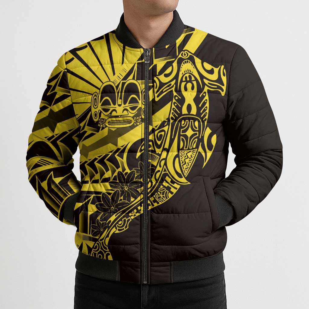 Yellow Marquesas Islands Bomber Puffer Jacket Marquesan Matatiki Hammerhead Shark Patutiki - Polynesian Pride