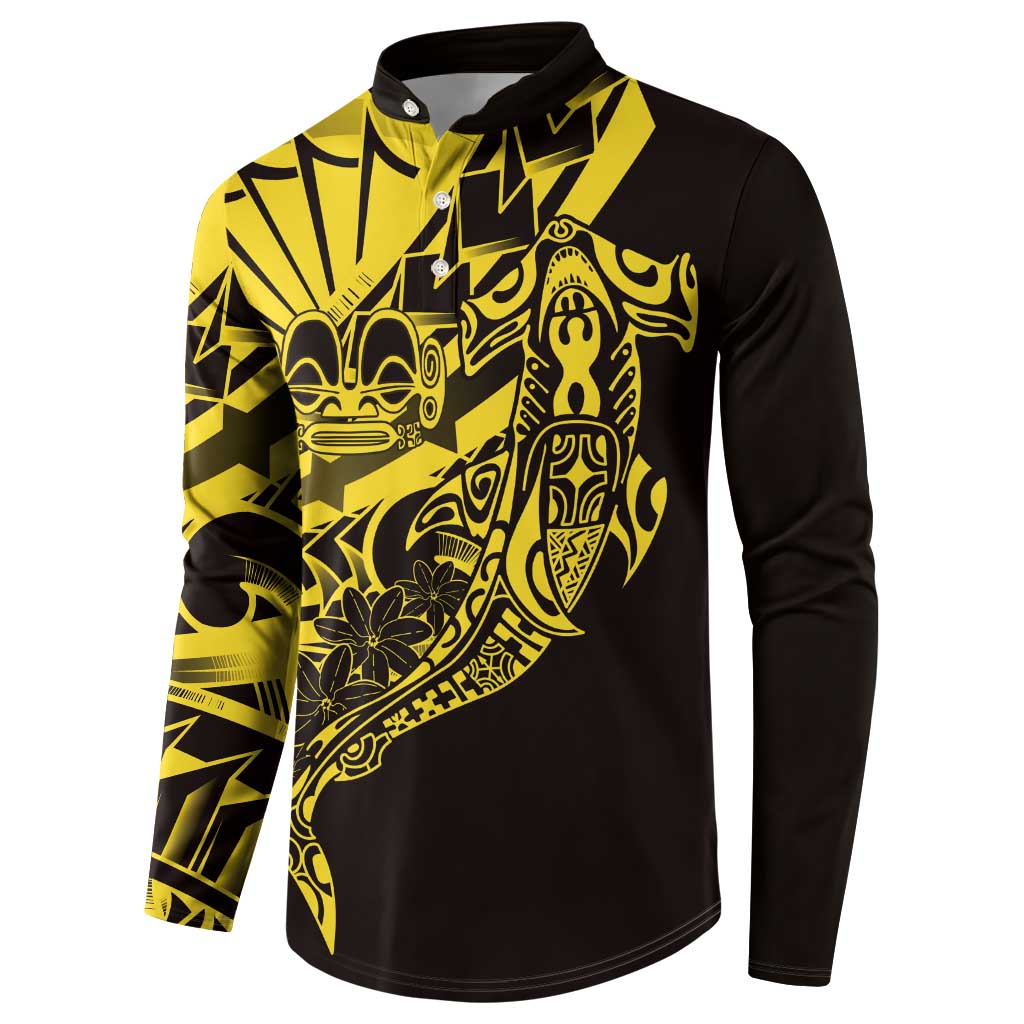 Yellow Marquesas Islands Button Sweatshirt Marquesan Matatiki Hammerhead Shark Patutiki - Polynesian Pride