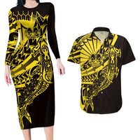 Yellow Marquesas Islands Couples Matching Long Sleeve Bodycon Dress and Hawaiian Shirt Marquesan Matatiki Hammerhead Shark Patutiki - Polynesian Pride
