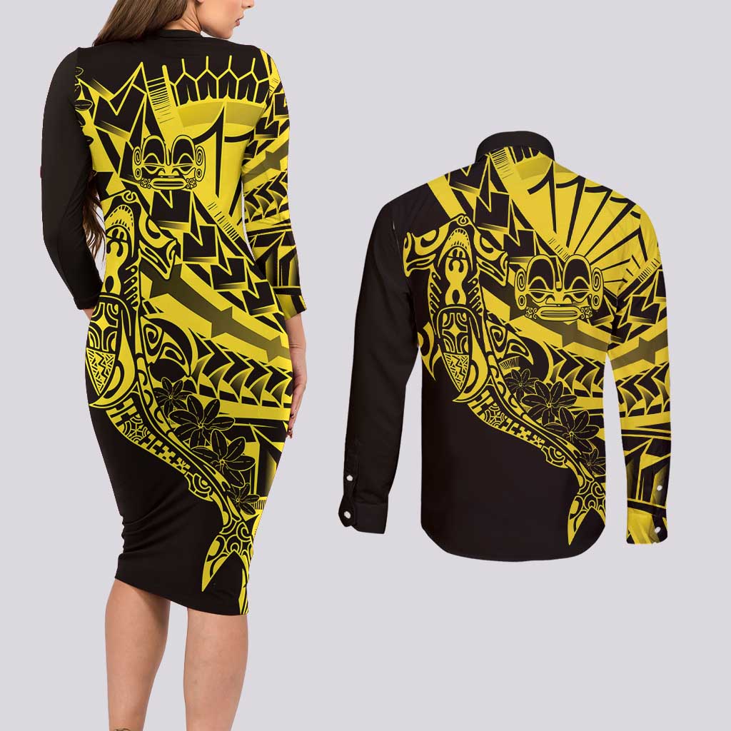 Yellow Marquesas Islands Couples Matching Long Sleeve Bodycon Dress and Long Sleeve Button Shirt Marquesan Matatiki Hammerhead Shark Patutiki - Polynesian Pride