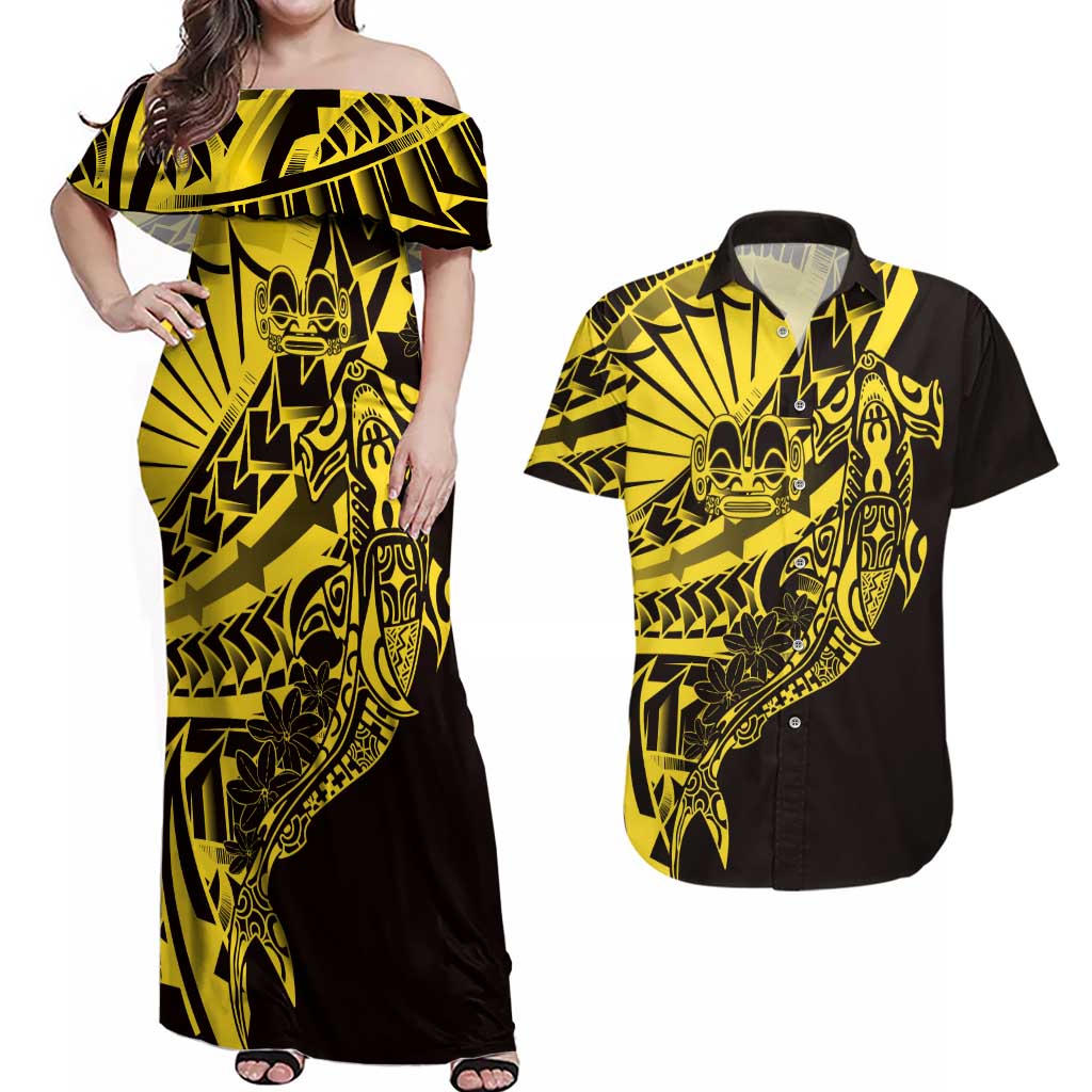 Yellow Marquesas Islands Couples Matching Off Shoulder Maxi Dress and Hawaiian Shirt Marquesan Matatiki Hammerhead Shark Patutiki - Polynesian Pride