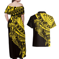 Yellow Marquesas Islands Couples Matching Off Shoulder Maxi Dress and Hawaiian Shirt Marquesan Matatiki Hammerhead Shark Patutiki - Polynesian Pride
