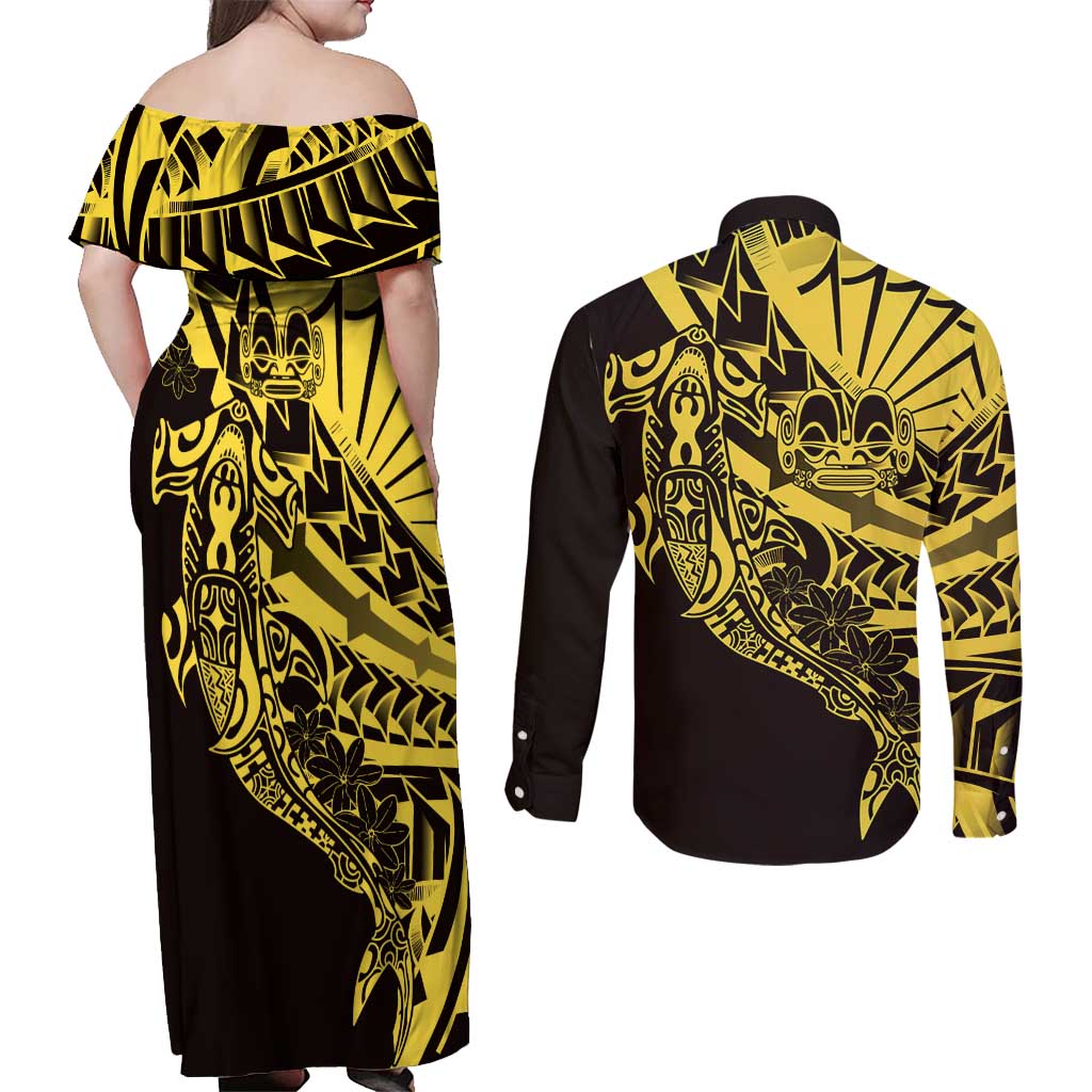 Yellow Marquesas Islands Couples Matching Off Shoulder Maxi Dress and Long Sleeve Button Shirt Marquesan Matatiki Hammerhead Shark Patutiki - Polynesian Pride