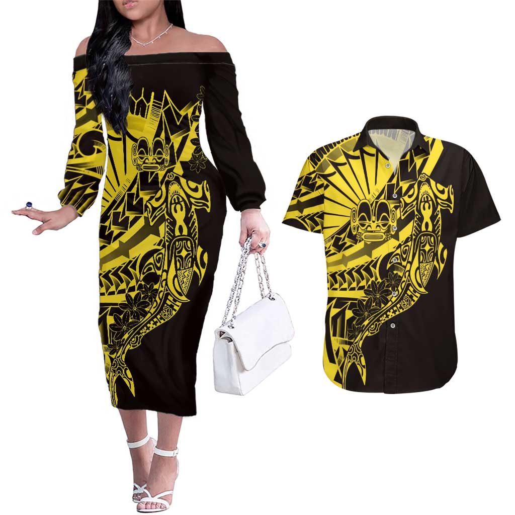 Yellow Marquesas Islands Couples Matching Off The Shoulder Long Sleeve Dress and Hawaiian Shirt Marquesan Matatiki Hammerhead Shark Patutiki - Polynesian Pride