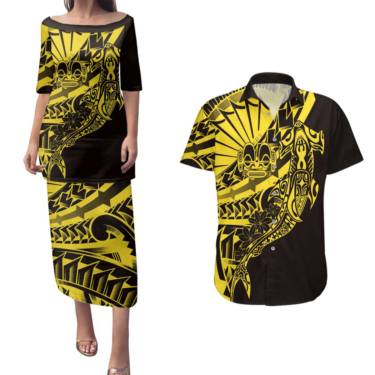 Yellow Marquesas Islands Couples Matching Puletasi and Hawaiian Shirt Marquesan Matatiki Hammerhead Shark Patutiki - Polynesian Pride