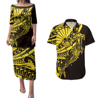 Yellow Marquesas Islands Couples Matching Puletasi and Hawaiian Shirt Marquesan Matatiki Hammerhead Shark Patutiki - Polynesian Pride