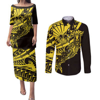 Yellow Marquesas Islands Couples Matching Puletasi and Long Sleeve Button Shirt Marquesan Matatiki Hammerhead Shark Patutiki - Polynesian Pride