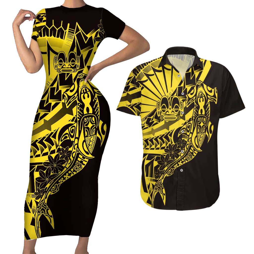 Yellow Marquesas Islands Couples Matching Short Sleeve Bodycon Dress and Hawaiian Shirt Marquesan Matatiki Hammerhead Shark Patutiki - Polynesian Pride