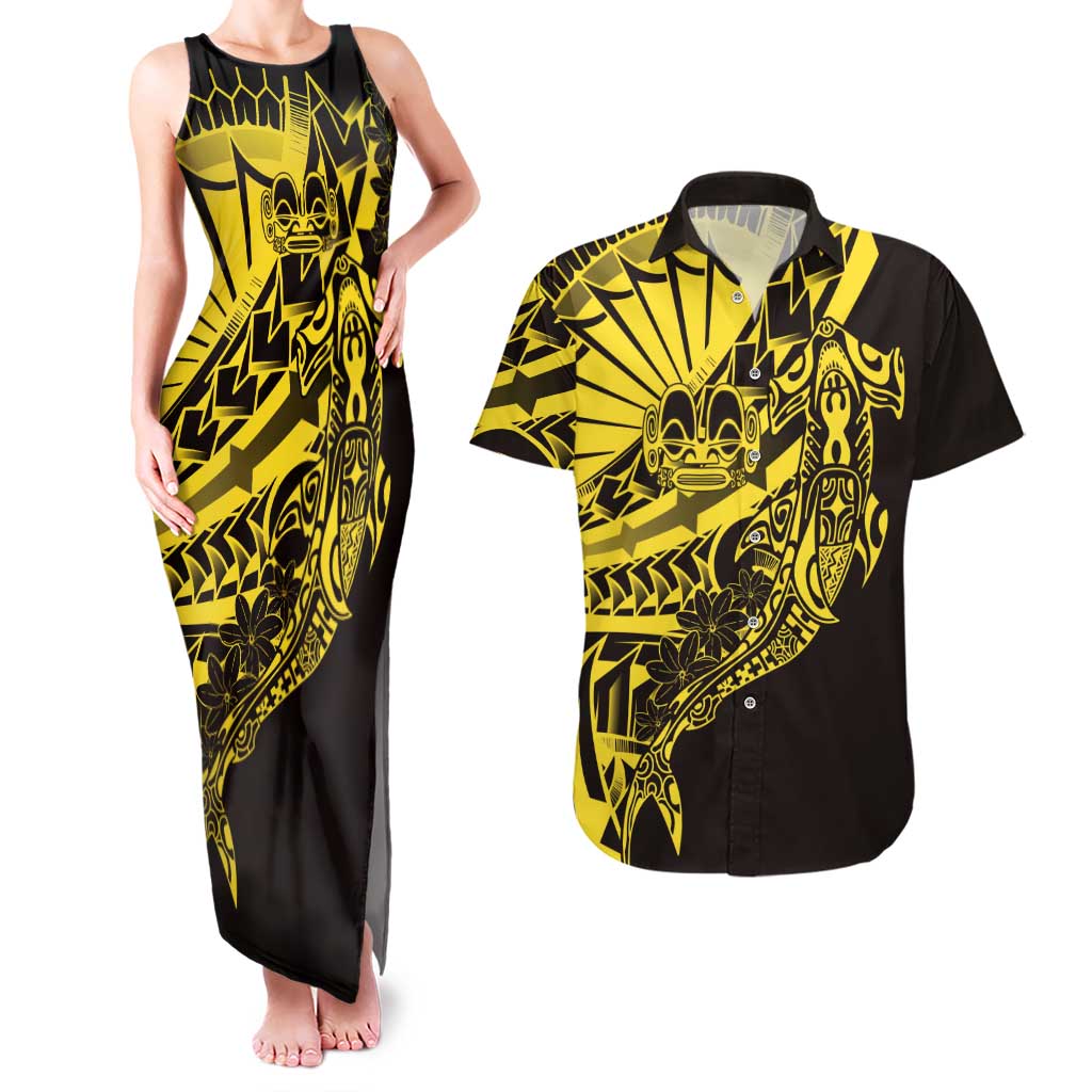 Yellow Marquesas Islands Couples Matching Tank Maxi Dress and Hawaiian Shirt Marquesan Matatiki Hammerhead Shark Patutiki - Polynesian Pride