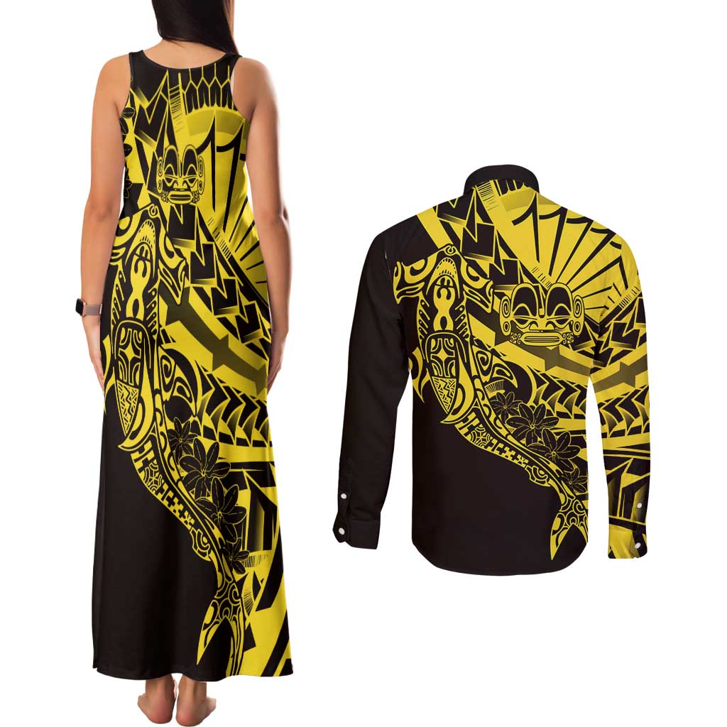 Yellow Marquesas Islands Couples Matching Tank Maxi Dress and Long Sleeve Button Shirt Marquesan Matatiki Hammerhead Shark Patutiki - Polynesian Pride