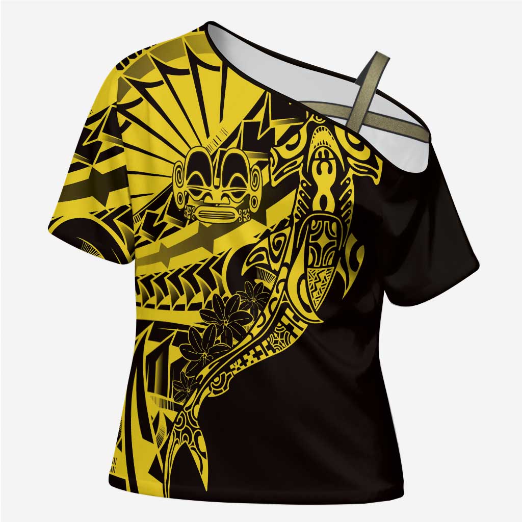 Yellow Marquesas Islands Cross Shoulder Shirt Marquesan Matatiki Hammerhead Shark Patutiki - Polynesian Pride
