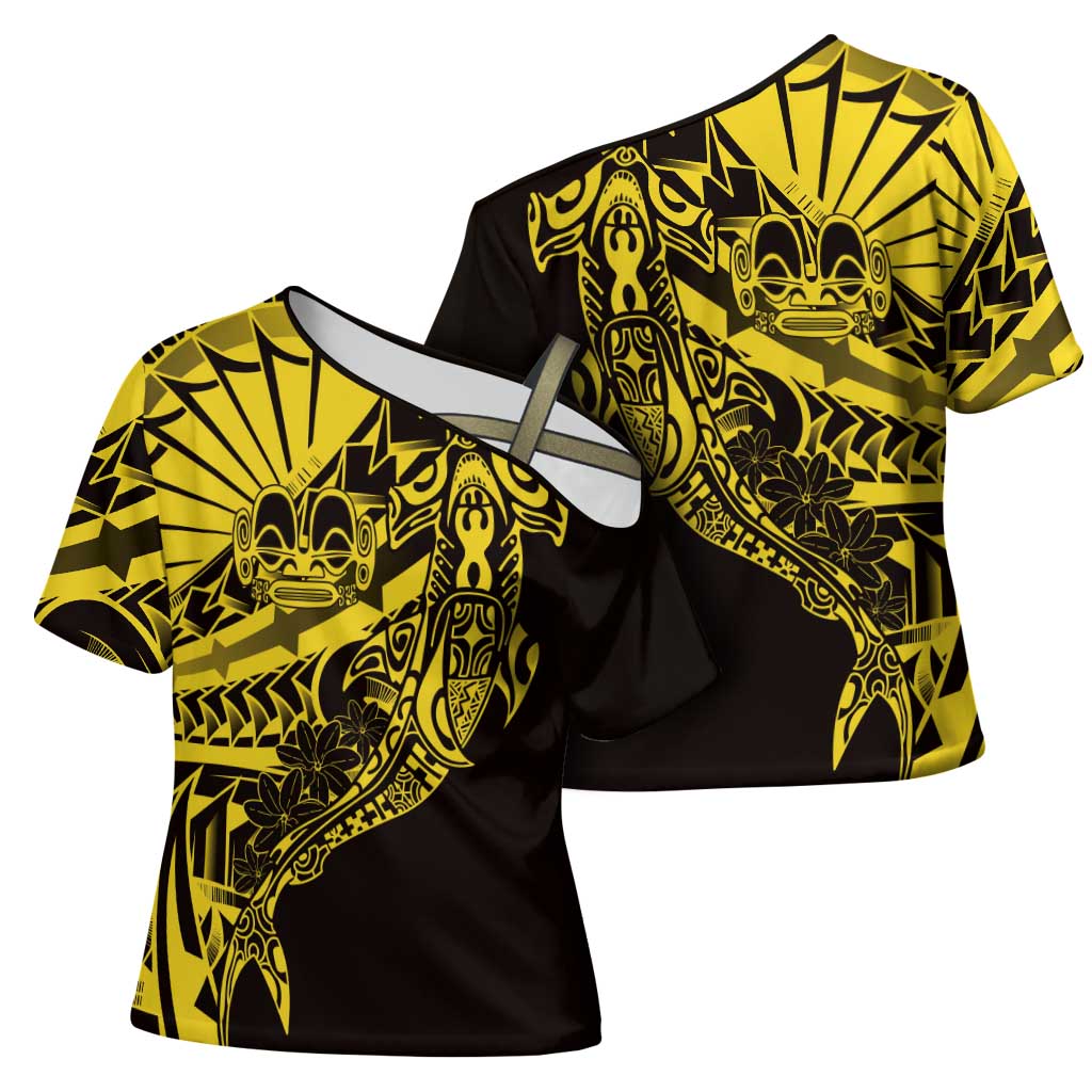 Yellow Marquesas Islands Cross Shoulder Shirt Marquesan Matatiki Hammerhead Shark Patutiki - Polynesian Pride