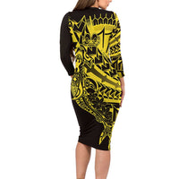 Yellow Marquesas Islands Family Matching Long Sleeve Bodycon Dress and Hawaiian Shirt Marquesan Matatiki Hammerhead Shark Patutiki - Polynesian Pride