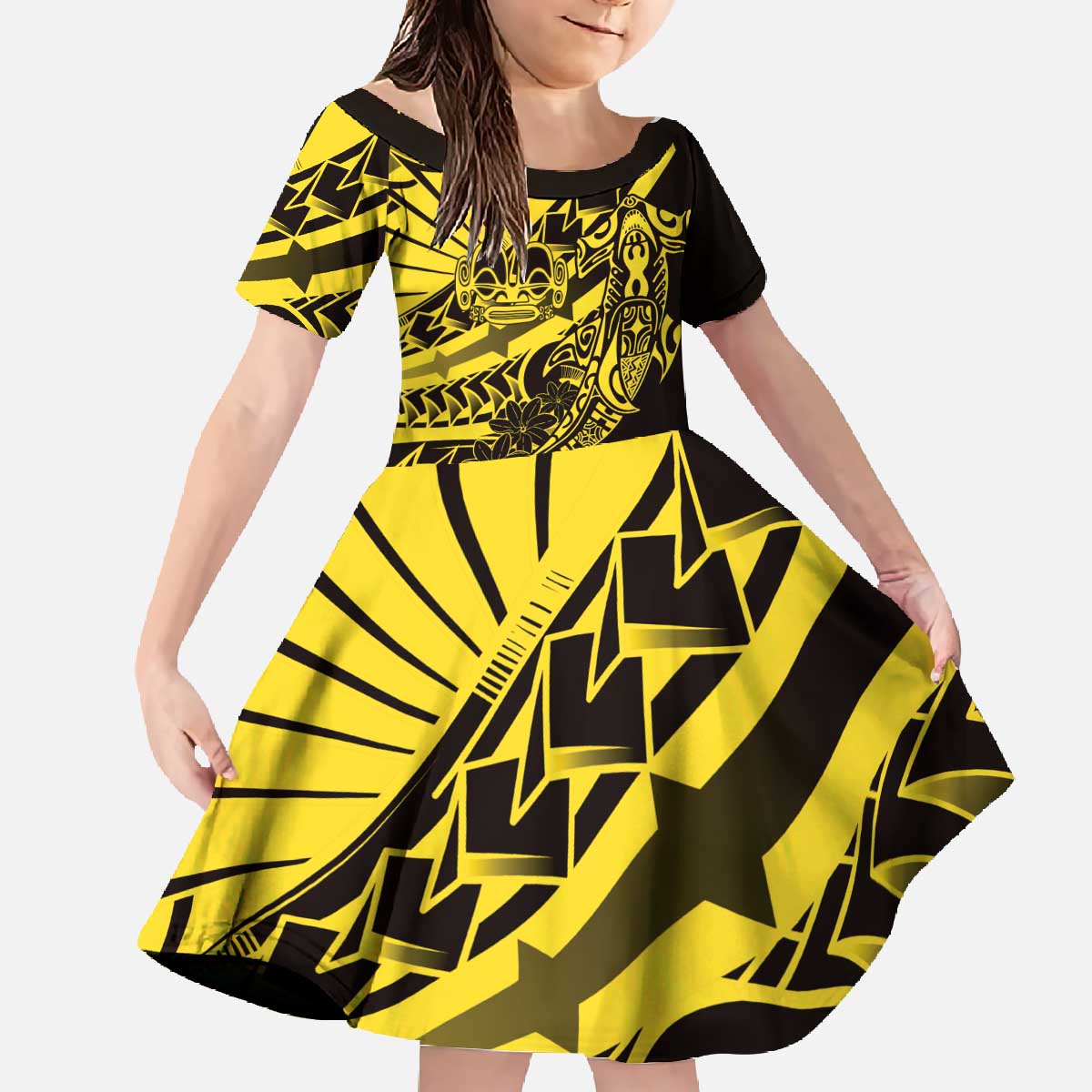 Yellow Marquesas Islands Family Matching Off The Shoulder Long Sleeve Dress and Hawaiian Shirt Marquesan Matatiki Hammerhead Shark Patutiki - Polynesian Pride