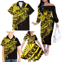 Yellow Marquesas Islands Family Matching Off The Shoulder Long Sleeve Dress and Hawaiian Shirt Marquesan Matatiki Hammerhead Shark Patutiki - Polynesian Pride