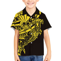 Yellow Marquesas Islands Family Matching Off The Shoulder Long Sleeve Dress and Hawaiian Shirt Marquesan Matatiki Hammerhead Shark Patutiki - Polynesian Pride