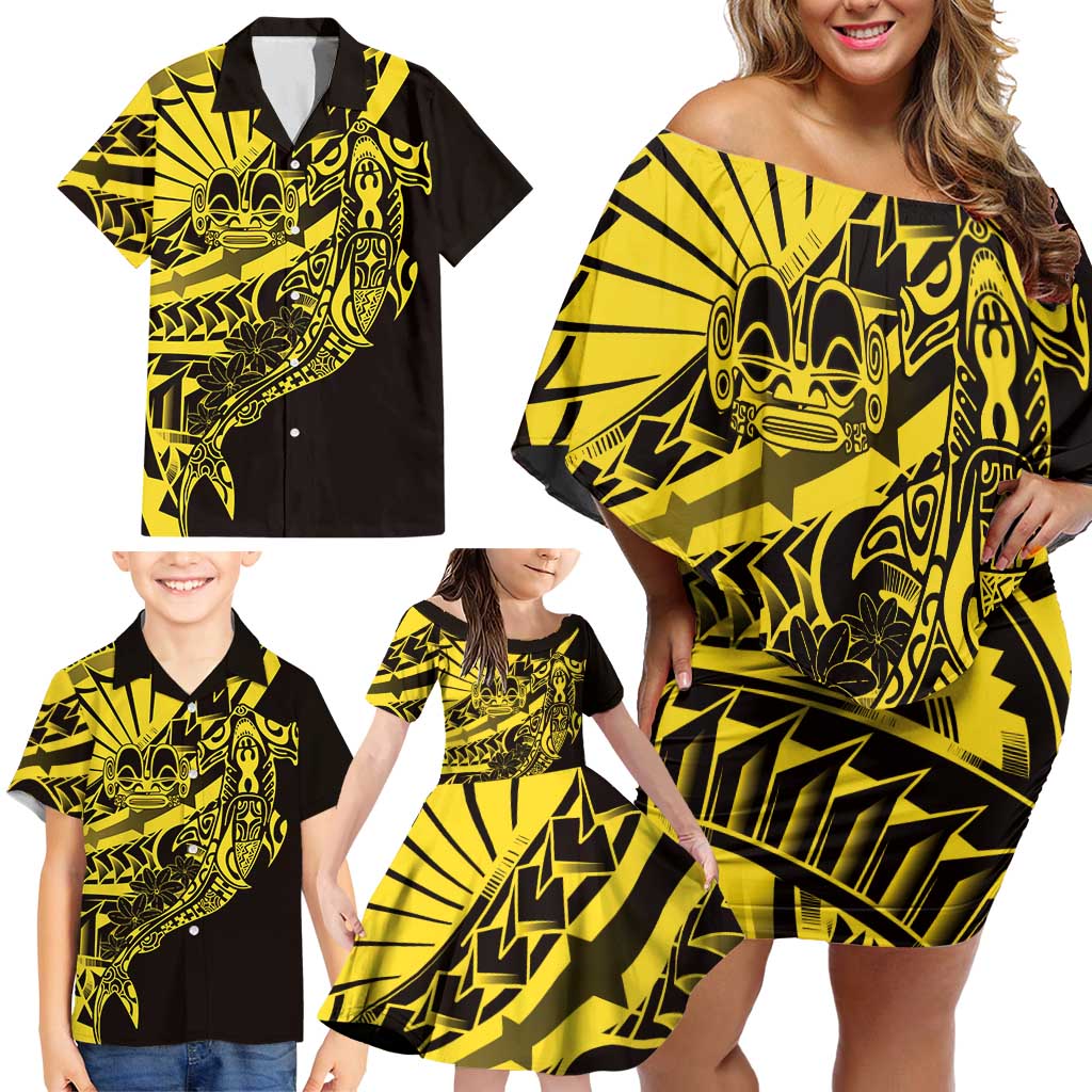 Yellow Marquesas Islands Family Matching Off Shoulder Short Dress and Hawaiian Shirt Marquesan Matatiki Hammerhead Shark Patutiki - Polynesian Pride
