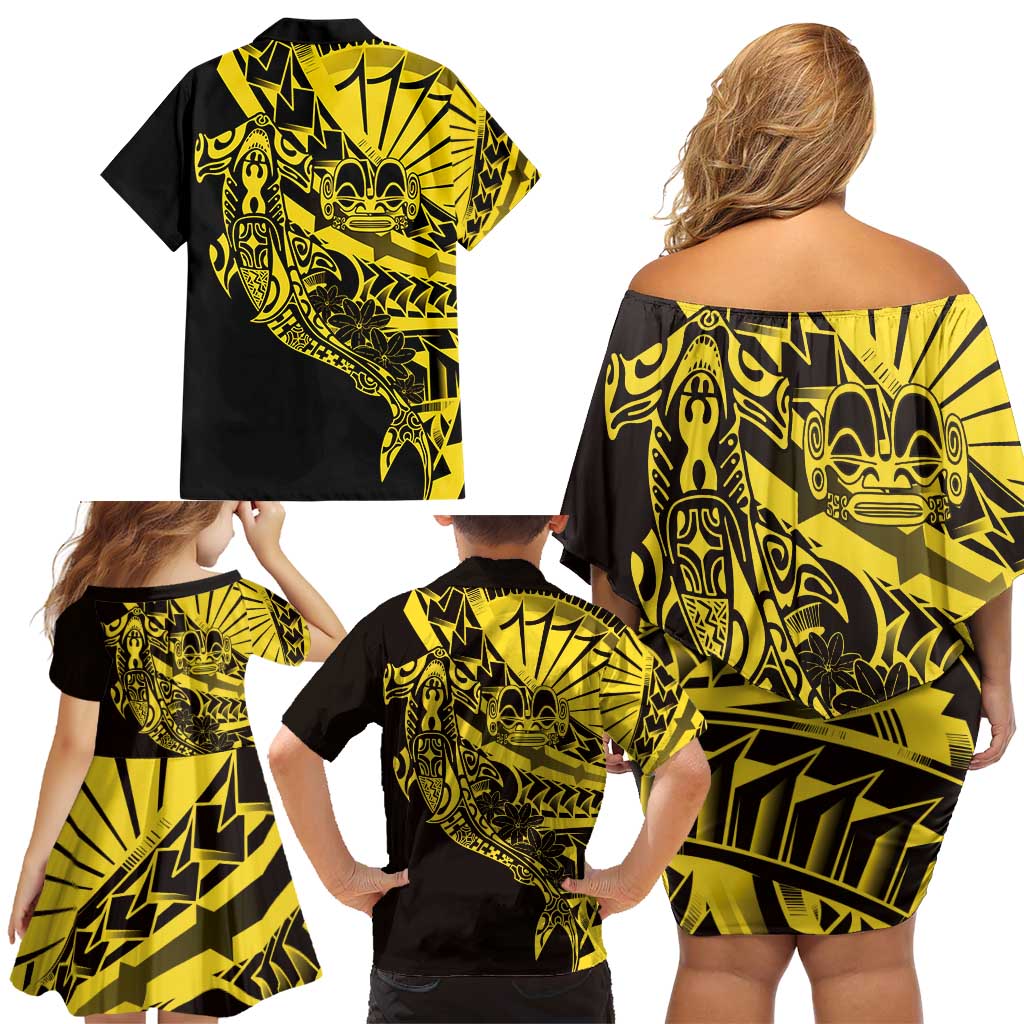 Yellow Marquesas Islands Family Matching Off Shoulder Short Dress and Hawaiian Shirt Marquesan Matatiki Hammerhead Shark Patutiki - Polynesian Pride