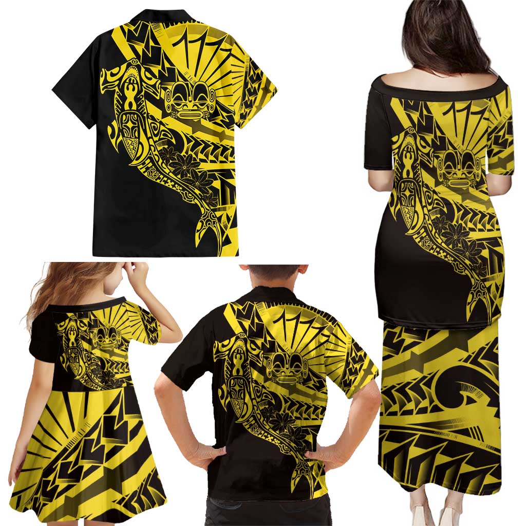 Yellow Marquesas Islands Family Matching Puletasi and Hawaiian Shirt Marquesan Matatiki Hammerhead Shark Patutiki - Polynesian Pride