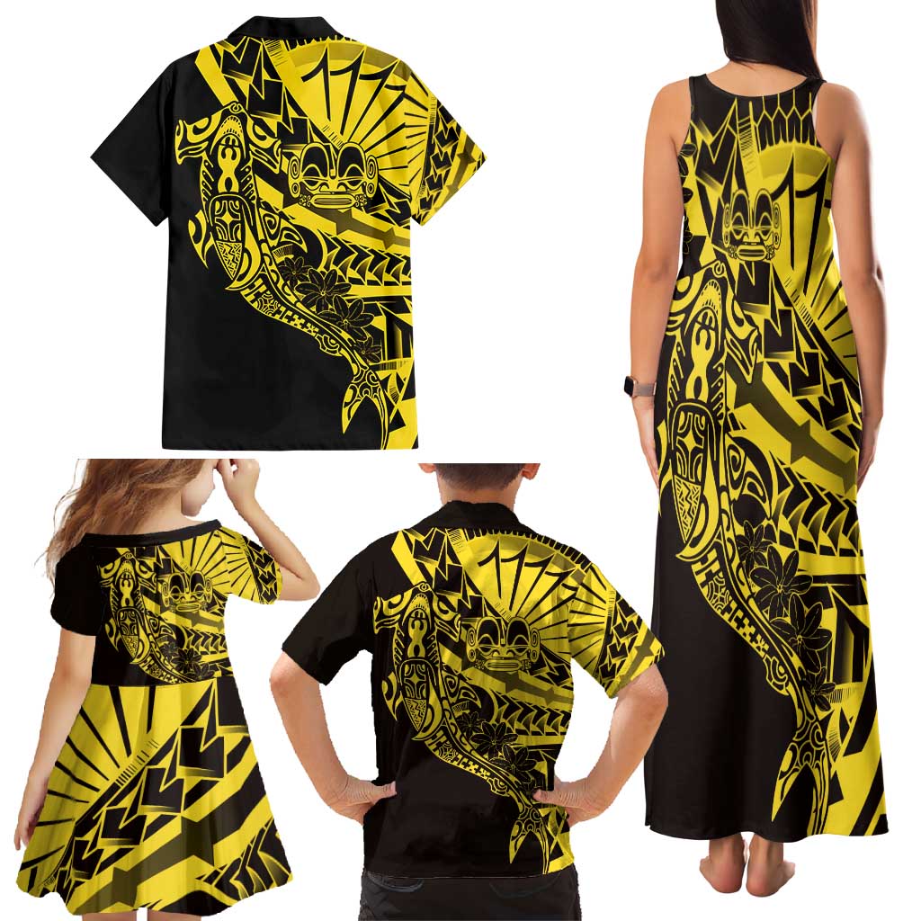 Yellow Marquesas Islands Family Matching Tank Maxi Dress and Hawaiian Shirt Marquesan Matatiki Hammerhead Shark Patutiki - Polynesian Pride