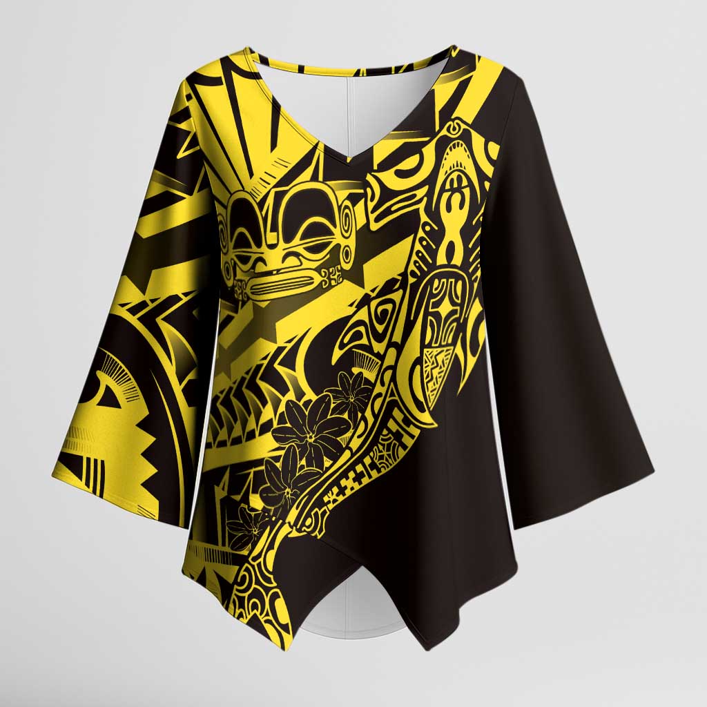Yellow Marquesas Islands Kimono Sleeve Blouse Marquesan Matatiki Hammerhead Shark Patutiki - Polynesian Pride