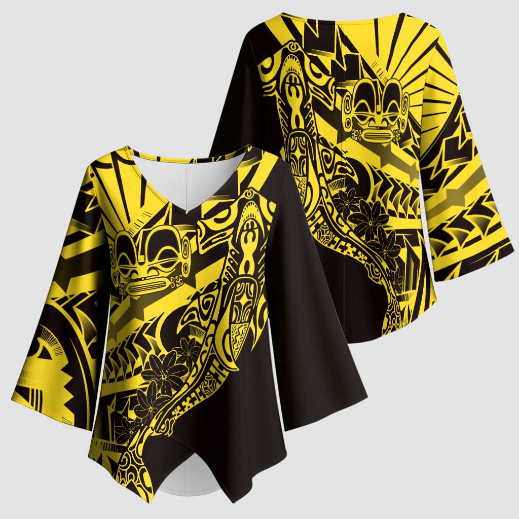 Yellow Marquesas Islands Kimono Sleeve Blouse Marquesan Matatiki Hammerhead Shark Patutiki - Polynesian Pride