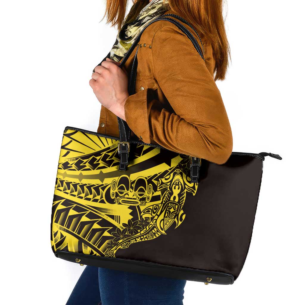 Yellow Marquesas Islands Leather Tote Bag Marquesan Matatiki Hammerhead Shark Patutiki - Polynesian Pride