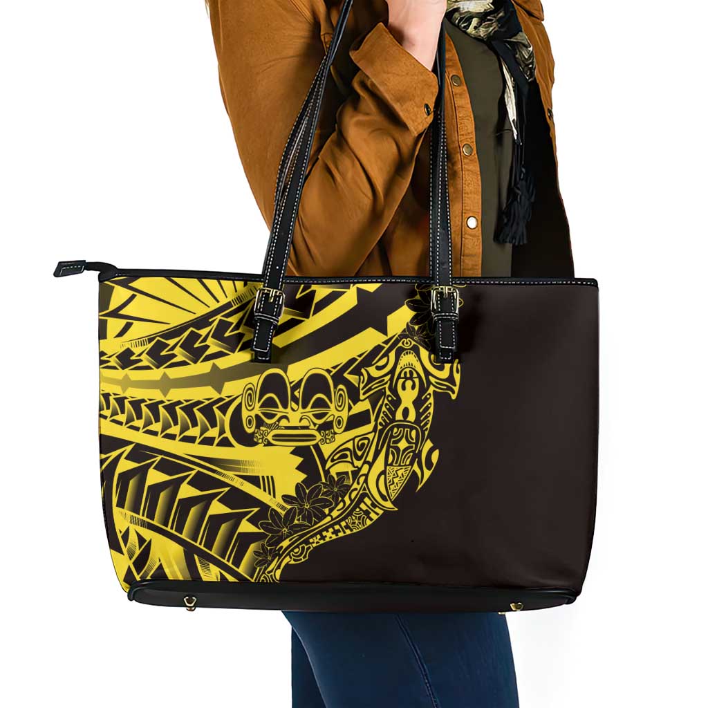 Yellow Marquesas Islands Leather Tote Bag Marquesan Matatiki Hammerhead Shark Patutiki - Polynesian Pride