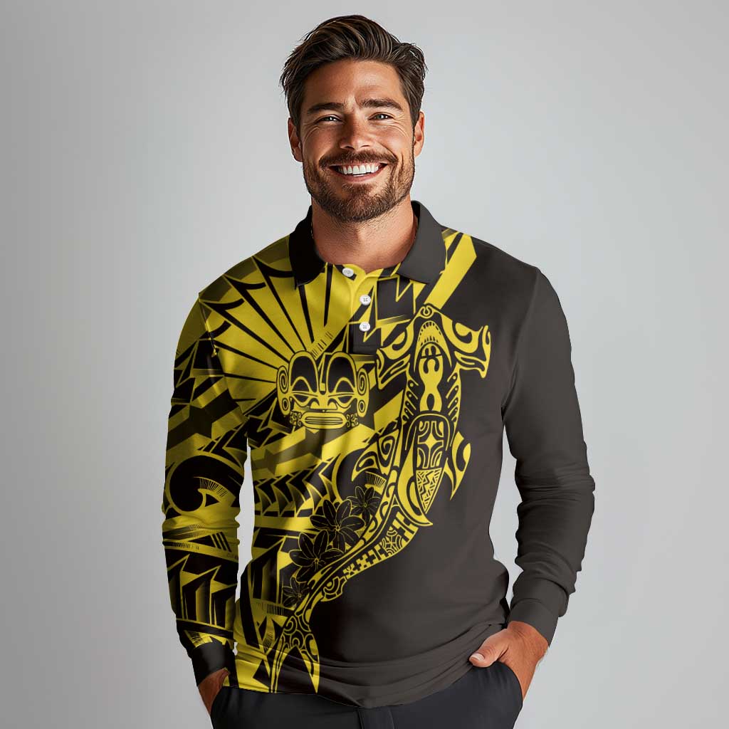 Yellow Marquesas Islands Long Sleeve Polo Shirt Marquesan Matatiki Hammerhead Shark Patutiki - Polynesian Pride