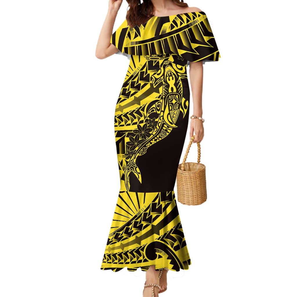 Yellow Marquesas Islands Mermaid Dress Marquesan Matatiki Hammerhead Shark Patutiki - Polynesian Pride