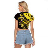 Yellow Marquesas Islands Raglan Cropped T Shirt Marquesan Matatiki Hammerhead Shark Patutiki - Polynesian Pride